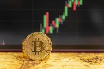 Business , Money, Technology and  cryptocurrency Concept. Closeup of gold Bitcoin coin on vintage world map with candlestick chart as background.