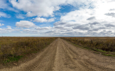 Fototapeta na wymiar straight road in the autumn field under the clouds at nature