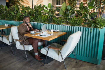 Full length portrait of successful African American businessman working with laptop while sitting at table in eco friendly green cafe interior, copy space