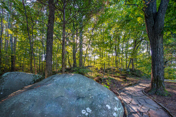 large flat rock beside a stone woodland path through Shawnee National Forest Illinois at Garden of the gods