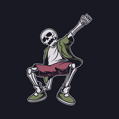 vintage t shirt design the skull in a squatting pose and the right hand behind the back break dance illustration