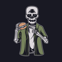 vintage t shirt design skull holding the burger illustration