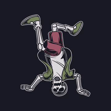 vintage t shirt design skull with the legs up and the head down break dance illustration