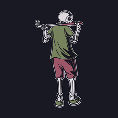 vintage t shirt design the back view of the skull carried the golf club over his shoulders golf illustration