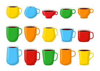 Colored cups mockup filled coffee. Different shape and color tea mugs red, green, yellow template for design logo for shop. Simple Cup cartoon style with space. Isolated on white vector illustration
