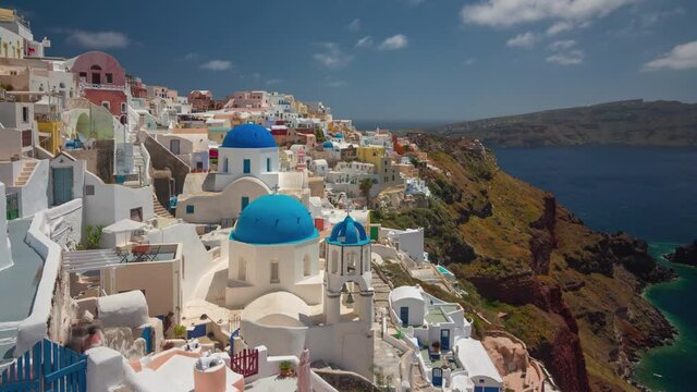 day time santorini island famous oia town hill bay panorama timelapse 4k greece