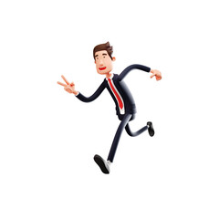3D Businessman Cartoon Design running showing two fingers