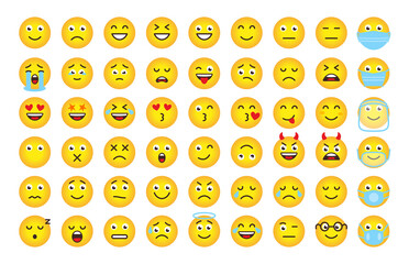 Funny cartoon emoji of yellow gradient. Mood or facial emotion symbol for digital chat app objects. Faces expressing crazy,funny, sad, angry. Emoticons in mask. Isolated on white vector illustration