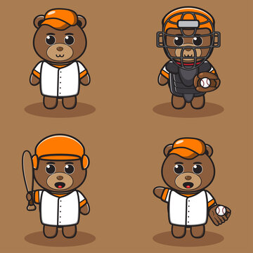 Cute Character Cartoon of Bear Baseball set. Good for icon, logo, label, sticker, clipart.