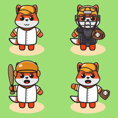 Vector illustration of cute Fox Baseball cartoon. Cute Fox expression character design bundle.
