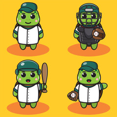 Vector illustration of cute Little Turtle Baseball cartoon set. Good for icon, logo, label, sticker, clipart.