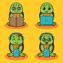 Vector illustration of cute Little Turtle Hobby cartoon set. Good for icon, logo, label, sticker, clipart.