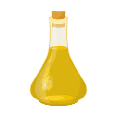 Olive oil in a glass bottle. Oil pressed from olives. Vector stock illustration isolated on white background. Vegetarian food. Antidepressant product. Vitamins of group B, A, E, C