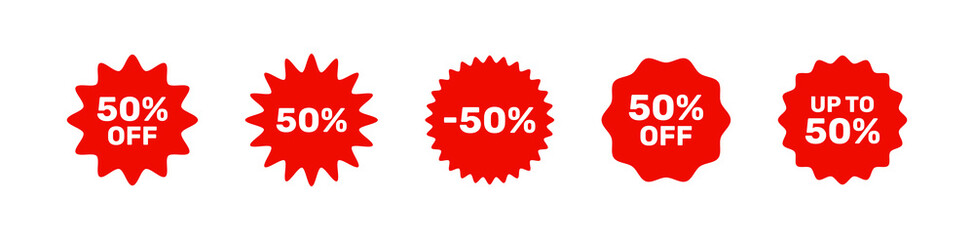 Set of red badge sticker on white background, up to 50 percent off.