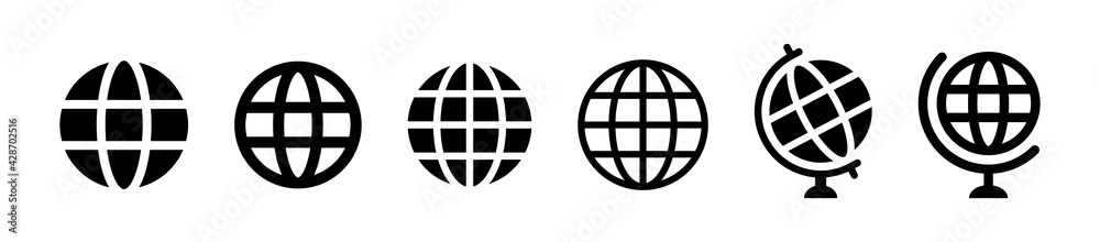 Poster globe website icon set. world and earth global black and white vector.