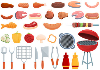 Grilled food icons set. Cartoon set of grilled food vector icons for web design