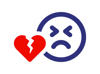 Red broken heart with sad face icon.
