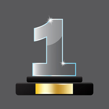 Crystal one pedestal. First place trophy. Winner award. Win prize. Round podium. Vector illustration. Stock image. EPS 10.