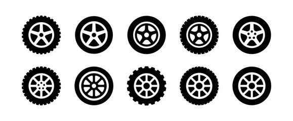 Black rubber wheel tire set icon illustration. - obrazy, fototapety, plakaty
