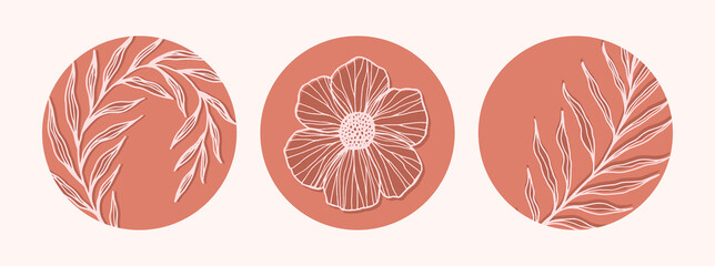 Flowers and leaves vector round stickers set. Botanical nature highlights cover icons for social media