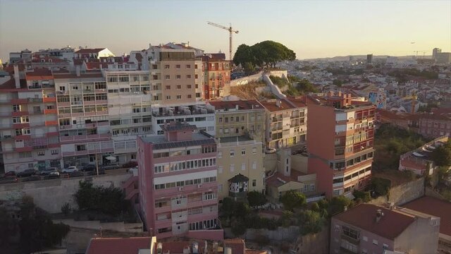 sunset time lisbon city living block private house aerial panorama 4k portugal