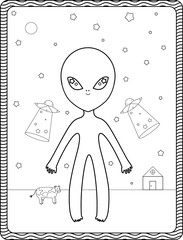 hand-drawn alien person with spaceships and stars outdoors with a cow and house in the background. Coloring book page. 