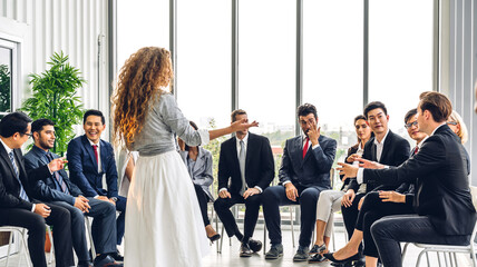 Businesswoman coach speaker presentation and discussing meeting strategy sharing idea brainstorm...