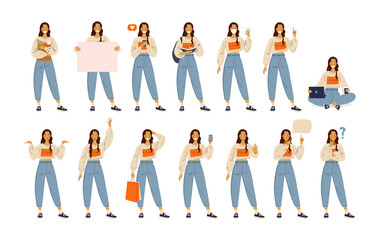 A student girl in modern casual clothes shows different gestures and emotions. Set Back to school. Female character in flat cartoon style. Vector illustration isolated on white background.