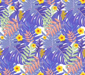 Tropical Rain forest leaf color seamless pattern. Hawaii wallpaper or textile fabric print vector background.