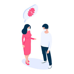 Masked people discussing the topic of viruses. Man and woman in masks and speech bubble with virus icon.Isometric vector illustration. Isolated on white background.