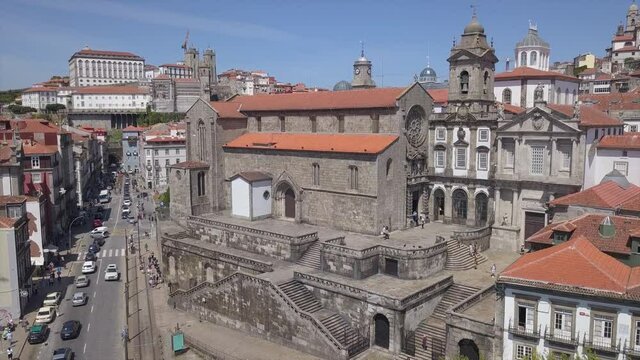 sunny day porto cityscape ingreja de sao francisco aerial panorama 4k portugal