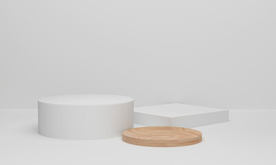 Circle wood podium minimal white wall scene. cylinder podium platforms for cosmetic product presentation. 3d rendering