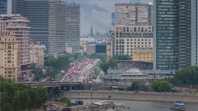 twilight moscow city traffic riverside new arbat street rooftop panorama 4k russia