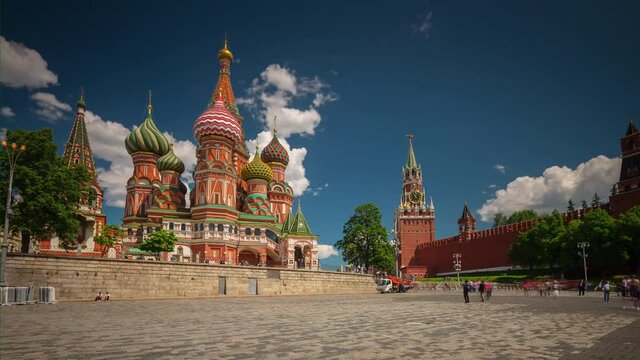 summer day moscow city saint basil's cathedral backside panorama 4k timelapse russia