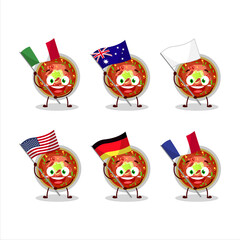 Bowl of chili cartoon character bring the flags of various countries