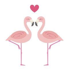二羽のフラミンゴが寄り添い、ハートマークが浮かぶ。恋愛イメージのイラスト