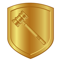 gold hammer symbol logo in golden shield lawyer or auction gavel