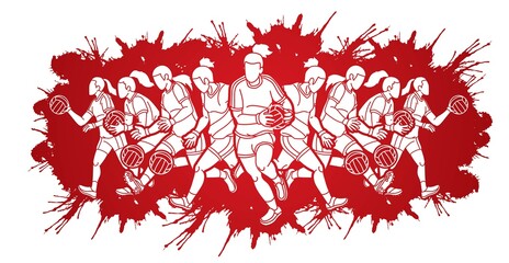 Group of Gaelic Football Female Players Sport Action Cartoon Graphic Vector.