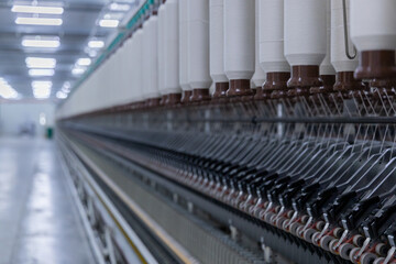 Cotton Yarns in the cotton thread factory where they are rolled into the yarn after splitting from...