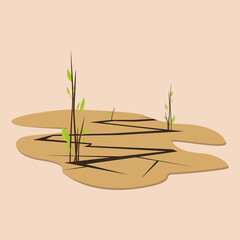 Drought. A crack in the ground and a young sprout. Strength and power of nature. Green grass, plant, flower grows through dry desert soil. Fragment of an oasis. Tropical landscape, environment. Vector