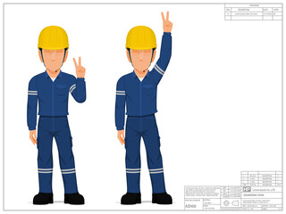 Set of industrial worker presenting victory hand sign on white background