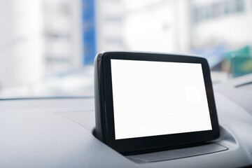 Driver assistance comfortable for drive in Car Monitor LCD blank screen for camera maps or GPS view. Dashboard Car display with blank mock up for copy space text