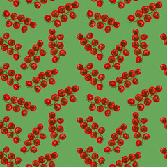 seamless pattern cherry tomatoes on a sprig levitation top view