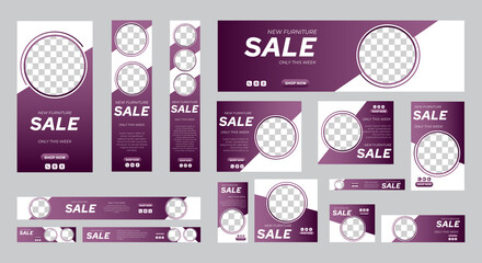 Set of Furniture Sale banners of standard size with a place for photos. Vertical, horizontal and square template. vector illustration
