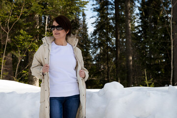 White sweatshirt mockup of a woman with asymmetrical hairstyle