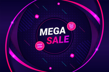 Premium Mega Sale Banner Concept Futuristic Glow In The Dark Style Purple Background