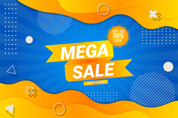 Mega Sale Banner Concept Background Dynamic Overlapped Liquid Shape Blue and Yellow