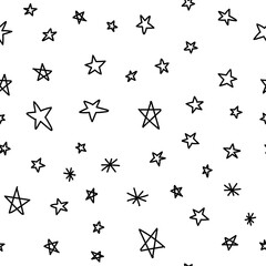 Hand drawn stars seamless pattern. Monochrome texture background of star doodle illustrations.