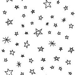 Hand drawn stars seamless pattern. Monochrome texture background of star doodle illustrations.
