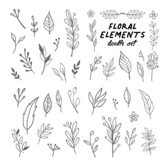 Flowers and leaves doodle collection. Hand drawn floral ornaments. Decorative plants illustrations.